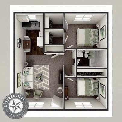 Floor plan for 2 beds, 1 bath, 768 sqft